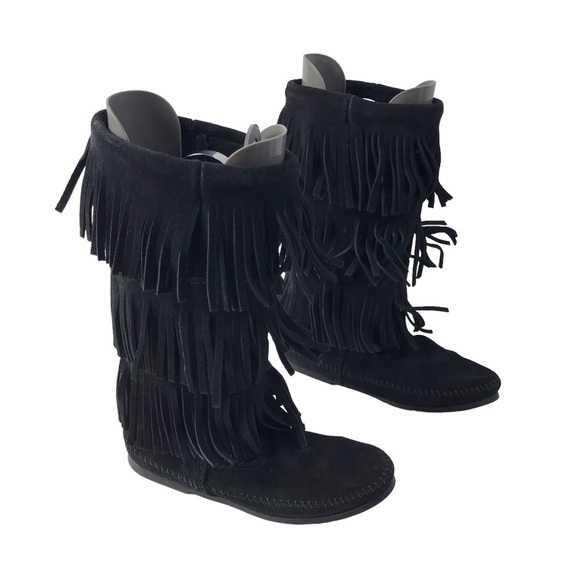 Minnetonka 3 Layer Fringe Moccasin Boot Womens Size 8 Suede Boho Western 1639 - Picture 4 of 11